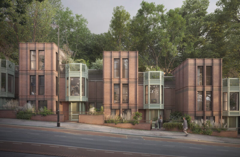 Deep red bricks and green turrets depict the Highgate Hill development